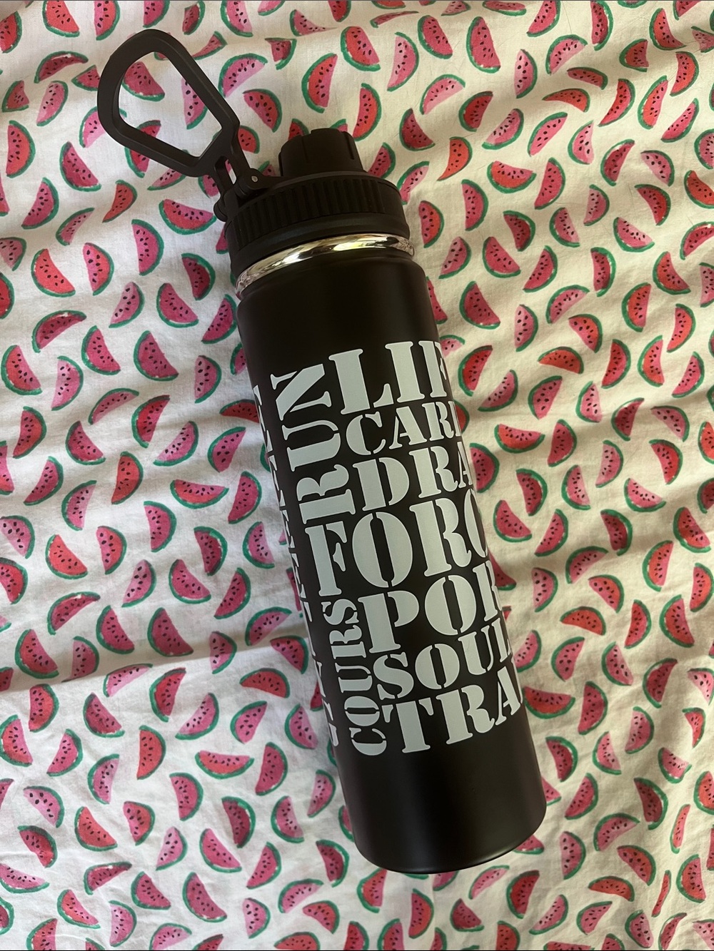 Black Matte Water Bottle with White Typographic Print